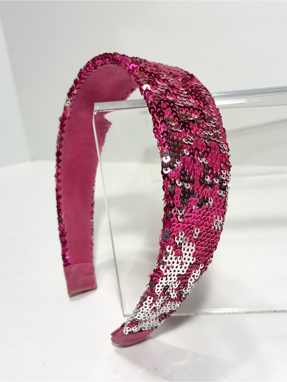Vintage Pink & Silver Reversible Sequin Headband 1 5/8”